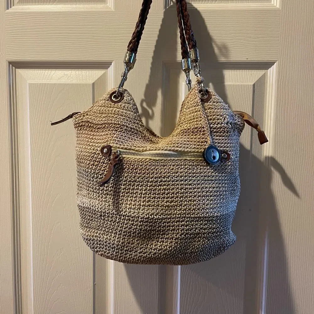 The SAK Crochet Sand,gray &khaki bucket style shoulder bag braided brown straps